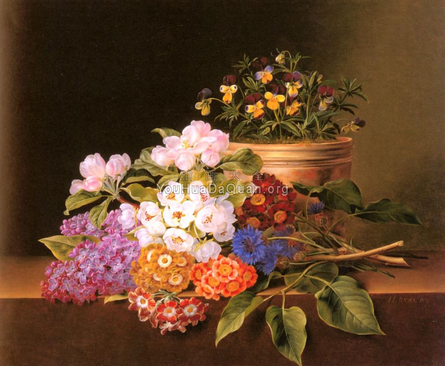 Apple Blossoms, Lilac, Violas, Cornflowers and Primroses on - 约翰·劳伦茨·延森